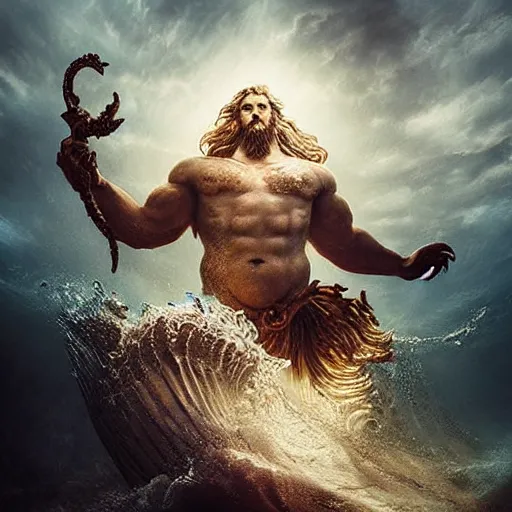 Image similar to gigantic, commanding menacing vengeful ancient god poseidon rising out of the ocean waters portrait, mysterious atmospheric lighting, painted, intricate, volumetric lighting, beautiful, rich deep colours masterpiece, golden hour, sharp focus, ultra detailed, by leesha hannigan, ross tran, thierry doizon, kai carpenter, ignacio fernandez rios