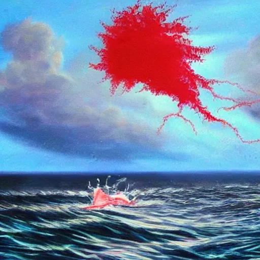 Prompt: nice picture. red lightning in the sea. painting