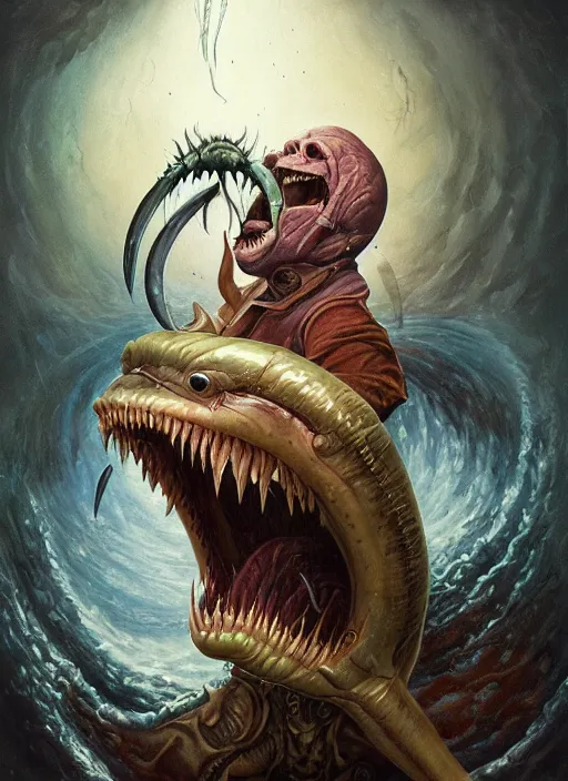 Image similar to portrait of a vampire!!!! with a sea lamprey!!!! mouth!!!, in the styles of ( national geographic ), jim warren, peter mohrbacher, gerald brom, and marc simonetti, intricate, hyperrealistic, volumetric lighting