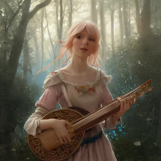 Image similar to elf fairy blond with a beautiful face, holding a lute, wearing a cardigan, highly detailed, intricate, digital painting, artstation, sharp focus, illustration, art by jakub rozalski, greg rutkowski, artgerm, tan zi and ayanamikodon and alphonse mucha and wlop