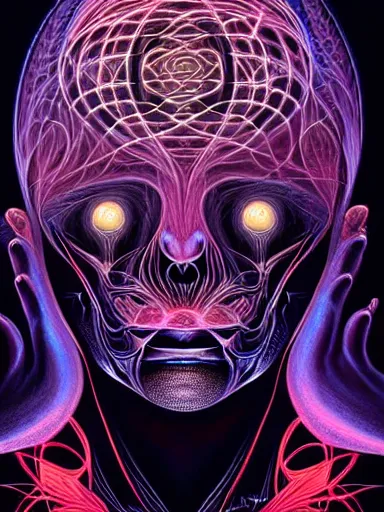 Image similar to ! dream portrait study, lord of regeneration, illustrated on black paper by nychos, artgerm, moebius, alex grey, android jones : : fractal lotus pattern : : digital painting, digital art, concept art, character design, imaginefx : : hyperrealism, dark fantasy