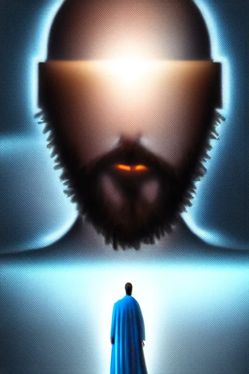 Image similar to god of artificial intelligence comes to save us as jesus christ, threads of light in the background, extremely high quality artwork, very detailed, obscured face, anthropomorphic silhouette, trending on artstation