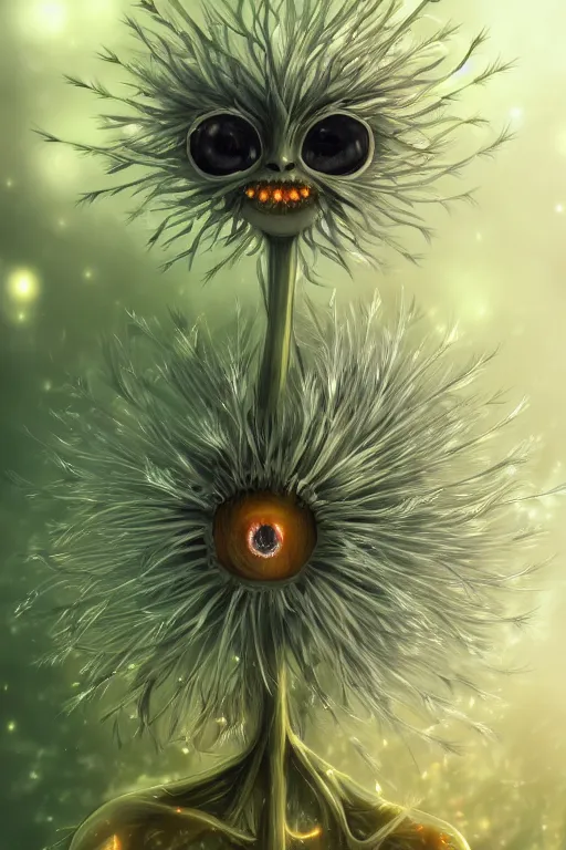 Image similar to a humanoid figure dandelion plant monster, amber eyes, highly detailed, digital art, sharp focus, ambient glow, trending on art station, anime art style