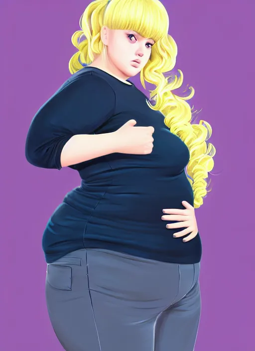 Image similar to full body portrait, teenage betty cooper, blonde hair, obese, bangs, ponytail, sultry, realistic, sultry smirk, fluffy bangs, curly bangs, fat, belly, beautiful girl, intricate, elegant, highly detailed, digital painting, artstation, concept art, smooth, sharp focus, illustration, art by wlop, mars ravelo and greg rutkowski