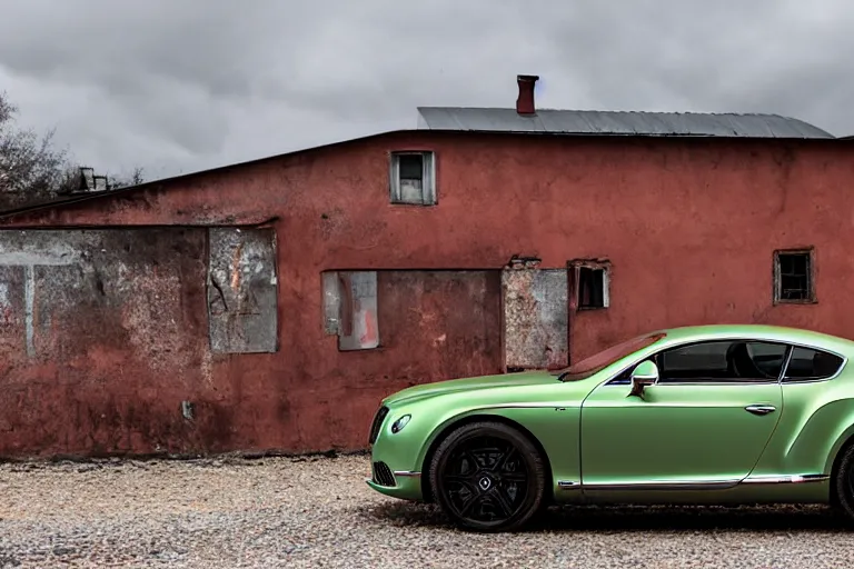 Prompt: modern rusty matte tired Bentley Continental GT without gloss no reflections drives along the road of an old Russian village with houses at the edges