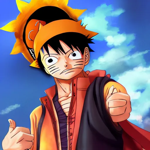 Prompt: luffy dressed as naruto , digital art , trending on artstation ,Hyperdetailed , CGSociety