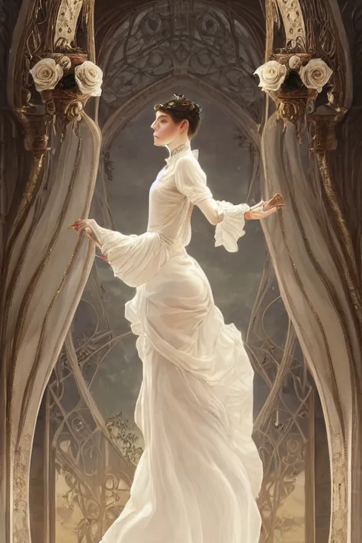 Image similar to woman dressed in a vaporous wrapped large victorian white roses semi transparent silk rose dress fashion, renaissance panorama behind her,D&D, fantasy, intricate, elegant, highly detailed, digital painting, artstation, concept art, matte, sharp focus, illustration, art by Artgerm and Greg Rutkowski and Alphonse Mucha