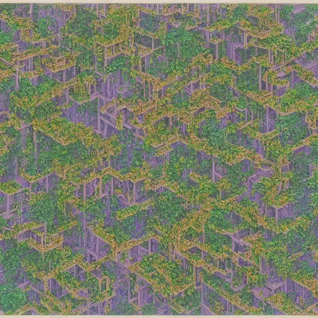 Prompt: Hanging gardens of babylon, in the style of m c escher, colored pencil drawing