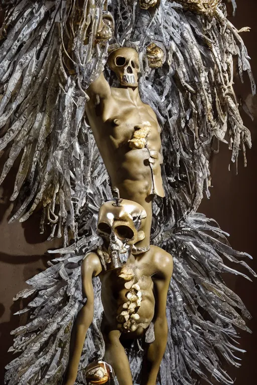 Prompt: Jean-Michel Basquiat as a bronze statue of Icarus reaching for the sun with a skull mask and wings as a corrupted and glitched Greek sculpture, glowing quartz crystal skull, wreath of ferns, abstract milky quartz eyes, many large flying monster eyes, flowing sakura silk, fabric, flowers. baroque elements, human skull. full-length view. baroque element. intricate artwork by caravaggio. many many birds birds on background. Trending on artstation. halo. octane render, cinematic, hyper realism, octane render, 8k, depth of field, 3D