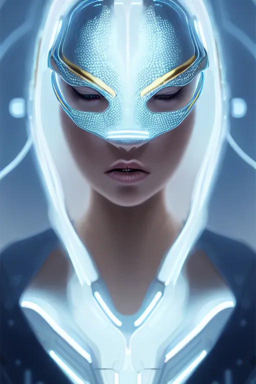Image similar to detailed portrait glam cyber noun, attractive feminine curves, intricate, scifi, futuristic, elegant cape, elegant, alien room background, white, blue, gold, photorealism, trending on artstation, holy halo, advanced technology, art by moebius and vitaly bulgarov and chanthara