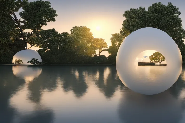 Prompt: a building formed by the intersection and fusion of many multi - white spherical and egg - shaped spaces. on the calm lake, people's perspective award winning, highly detailed 4 k art, dusk, unreal engine highly rendered, global illumination, radial light, internal environment by kazuyo sejima