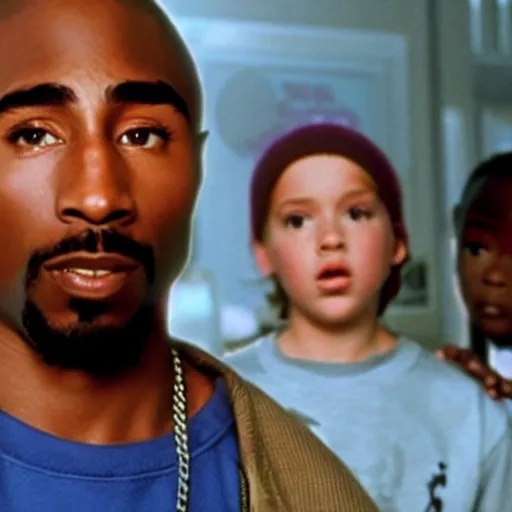 Prompt: movie still of tupac as a new character in next season of stranger things. he is wearing a hoodie and standing with crossed arms as the cast tells him about the upside down