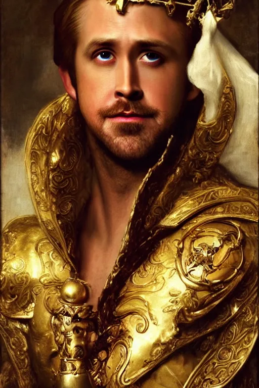 Prompt: Gorgeous full-body renaissance portrait of Ryan Gosling as a king of fantasy kingdom with Crown of thorns on his head, front view, gold, artstation, very beautiful, luxurious, impressive, soft light, dazzling, divine, by Anthony van Dyck and Daniel Gerhartz