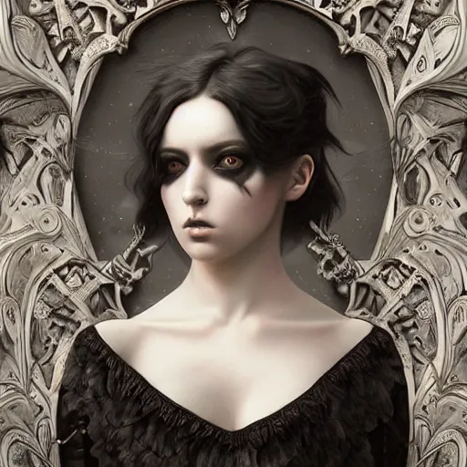 Image similar to tom bagshaw, soft painting fractal curiosities carnival, very beautiful female rabbit in full ornated nightshade gothic dress, partial symmetry accurate features, focus, very intricate ultrafine details, black white purple volumetric clouds, award winning masterpiece, octane render 8 k hd