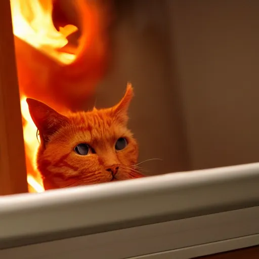 Prompt: an orange cat staring in a table drawer ~ on fire ~ fire ~ high - resolution photo ~