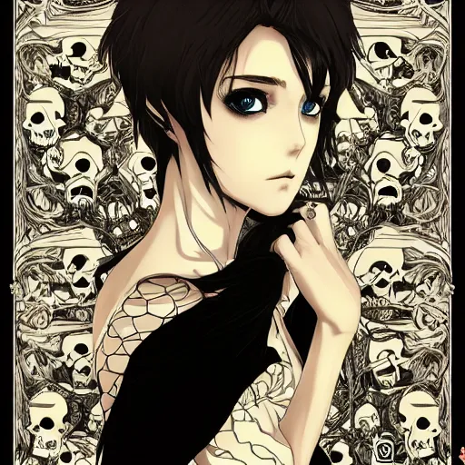 Prompt: anime manga skull portrait young beautiful Marie Avgeropoulos skeleton, intricate, elegant, highly detailed, digital art, ffffound, art by JC Leyendecker and sachin teng