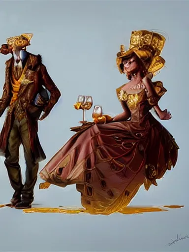 Image similar to a couple with misterious expressions, cheers, a toast with golden cups. intricate, elegant, highly detailed, digital painting, artstation, concept art, sharp focus, illustration, by justin gerard and artgerm, 8 k