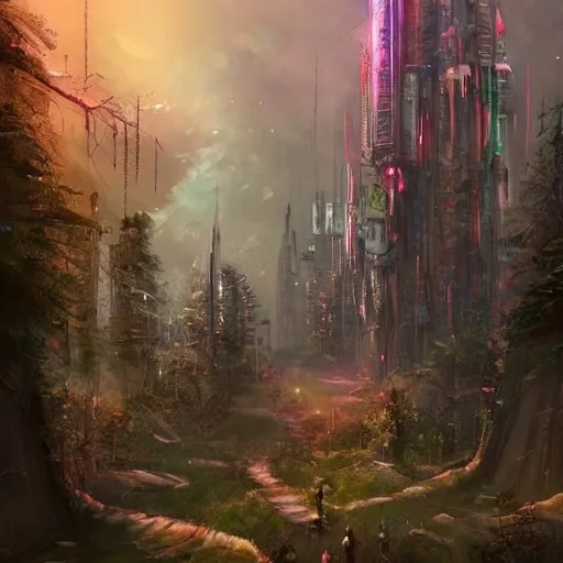 Image similar to a city high in a fairy tale forest in the style of cyberpunk in the style of dark fantasy art Trending on artstation DeviantArt Pinterest Photorealistic HD 8k highlights and shadow detailed High Resolution