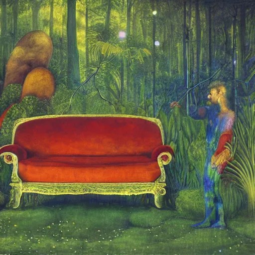 Image similar to psychedelic couch sofa in the lush forest, milky way, designed by arnold bocklin, jules bastien - lepage, tarsila do amaral, wayne barlowe and gustave baumann, cheval michael, trending on artstation, mediterranean, star, sharp focus, colorful refracted sparkles and lines, soft light, 8 k 4 k