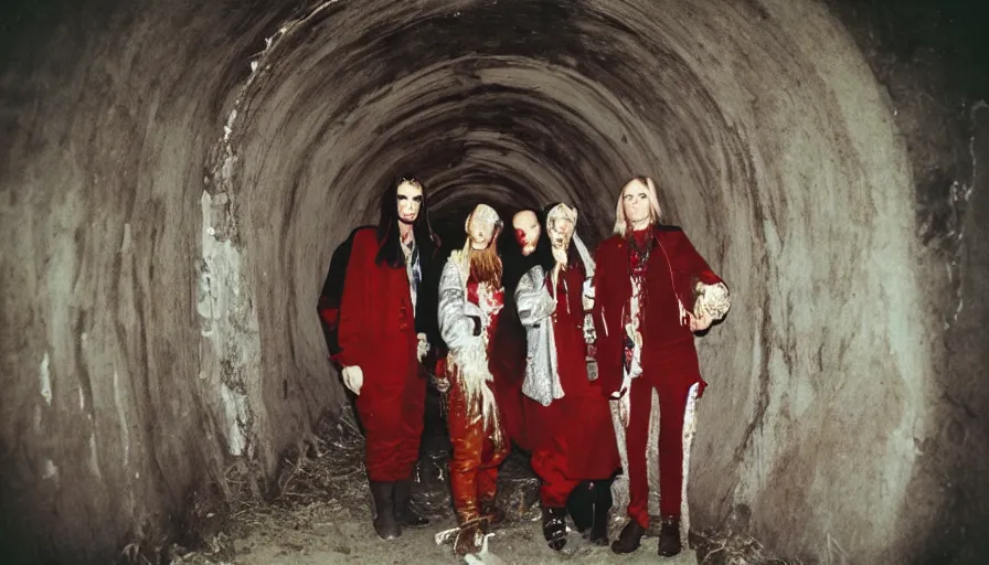 Image similar to high realistic photo portrait of esoteric tribes members with taxidermic flesh bloody jaw and elaborate red clothes in a empty tunnel, cinestill 800t 35mm, heavy grain, high quality,