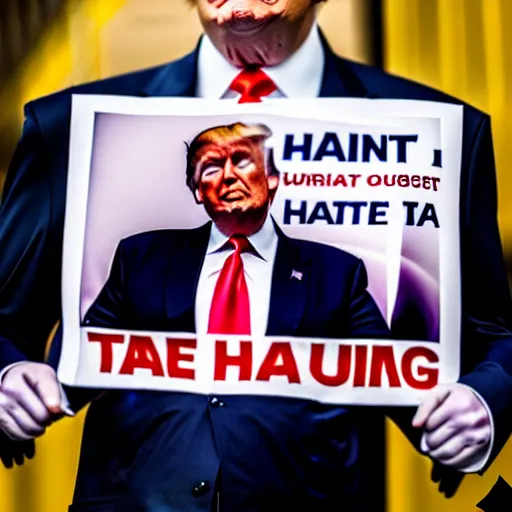 Prompt: a photo of Donald Trump holding a sign that says 'I hate signs !', cinematic