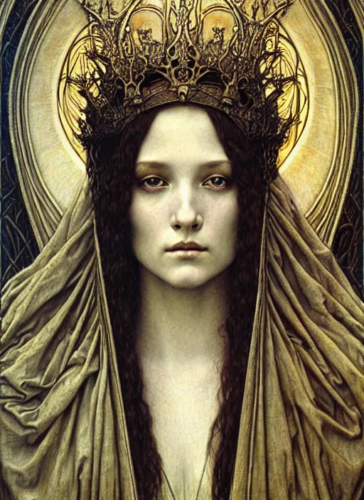 Image similar to detailed realistic beautiful young medieval queen face portrait by jean delville, gustave dore and marco mazzoni, art nouveau, symbolist, visionary, gothic, pre - raphaelite. horizontal symmetry