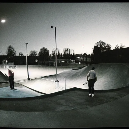 Image similar to a 1 9 9 0's photograph of a skatepark in a small town at dusk, polaroid, candid photography