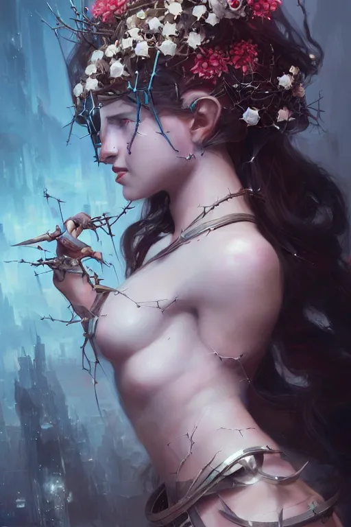 Image similar to portrait of cute gith maiden girl with crown of thorns and white hairs, warhammer, cyberpunk, 3 d render, hyper realistic detailed portrait, holding magic flowers, scifi, fantasy, hyper detailed, octane render, concept art, peter mohrbacher, artgerm, ruan jia, wlop