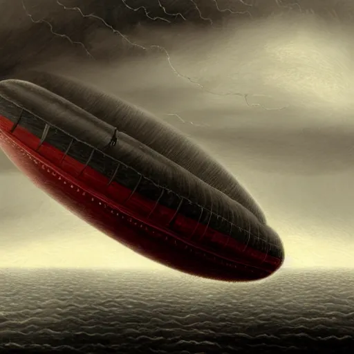 Prompt: victorian airship flying into a violent thunderstorm, red gold gray, rich, highly detailed, realistic, illustration, gritty