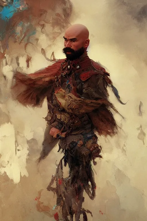 Image similar to beautiful cute bald kazakh guy with a short beard, painted by ruan jia, raymond swanland, lawrence alma tadema, zdzislaw beksinski, norman rockwell, jack kirby, tom lovell, alex malveda, greg staples