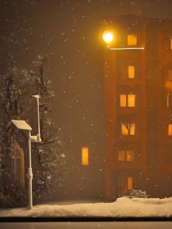 Image similar to small diorama a soviet residential building, lights are on in the windows, dark night, two man fighting for bottle of vodka on yard in front of building, cozy atmosphere, fog, cold winter, snowing, streetlamps with orange volumetric light, birches nearby,