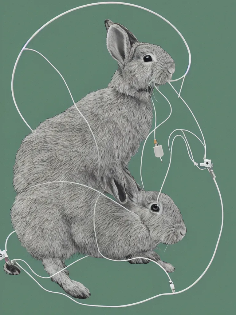 Image similar to screen print of a rabbit using laptop in nature, with wires