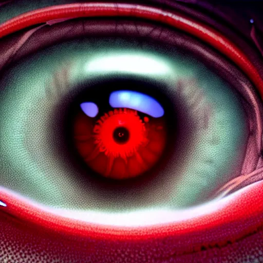 Image similar to a detailed extremely close up of inside the iris, cornea, red image, microscopic, extremely close up drawing by junji ito, cgsociety, generative art, lovecraftian, parallax, cosmic horror, extremely detailed, hyperrealism, unreal engine, octane render, award winning, masterpiece, highly detailed, realistic, 4 k, digital