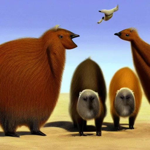 Image similar to capybaras vs emus, concept art, hyper realistic, beautiful, cinematography, 4k