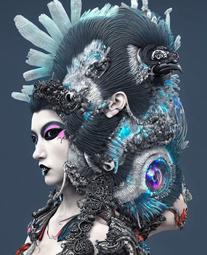 Image similar to 3 d goddess close - up profile portrait punk with mohawk with ram skull. beautiful intricately detailed japanese crow kitsune mask and clasical japanese kimono. betta fish, jellyfish phoenix, bio luminescent, plasma, ice, water, wind, creature, artwork by tooth wu and wlop and beeple and greg rutkowski