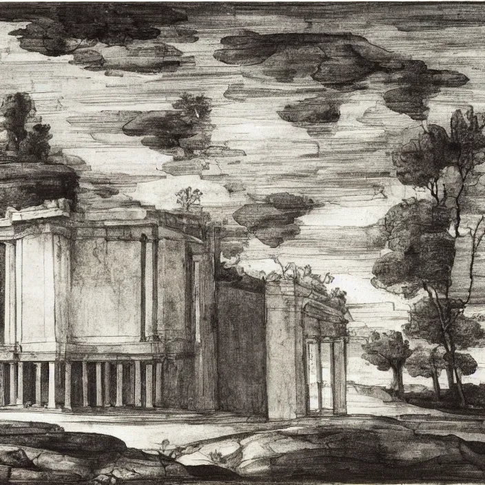 Image similar to a building in a serene landscape, by michelangelo