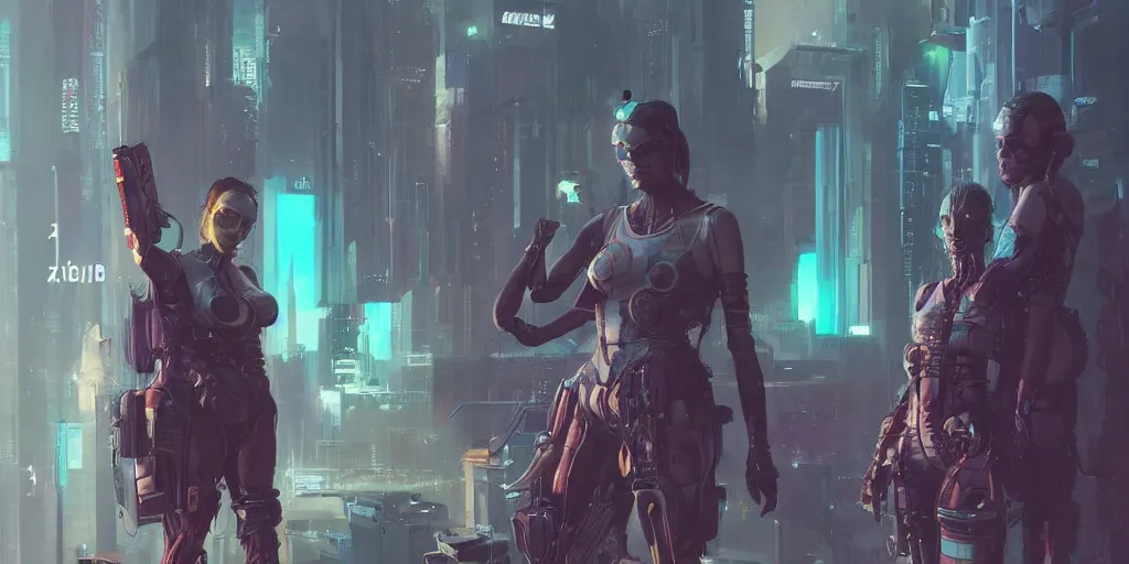 Image similar to female cyberpunk realistic characters, Moebius, Greg Rutkowski, Zabrocki, Karlkka, Jayison Devadas, Phuoc Quan, trending on Artstation, 8K, ultra wide angle, pincushion lens effect