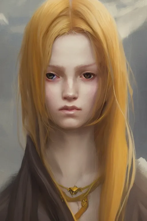 Prompt: girl wizard with long yellow hair wearing a dress, character art, by artgerm, by jeremy lipking, by greg rutkowski, anime style, digital art, fantasy art, octane render, drawing, beautiful girl, highly detailed face