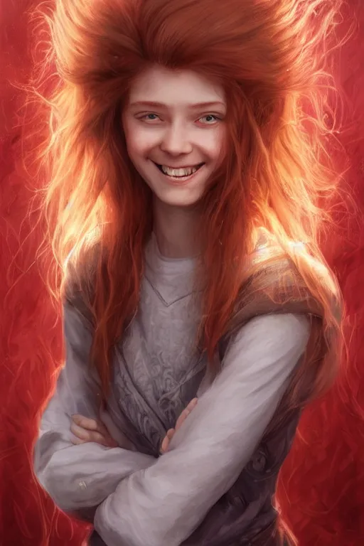 Image similar to ultra realistic style illustration of a cute red haired old teen smiling, long hair, 1 9 year old, portrait, sci - fi, fantasy, intricate, elegant, digital painting, artstation, concept art, smooth, sharp focus, illustration, 8 k frostbite 3 engine, ultra detailed, art by artgerm and greg rutkowski and magali villeneuve