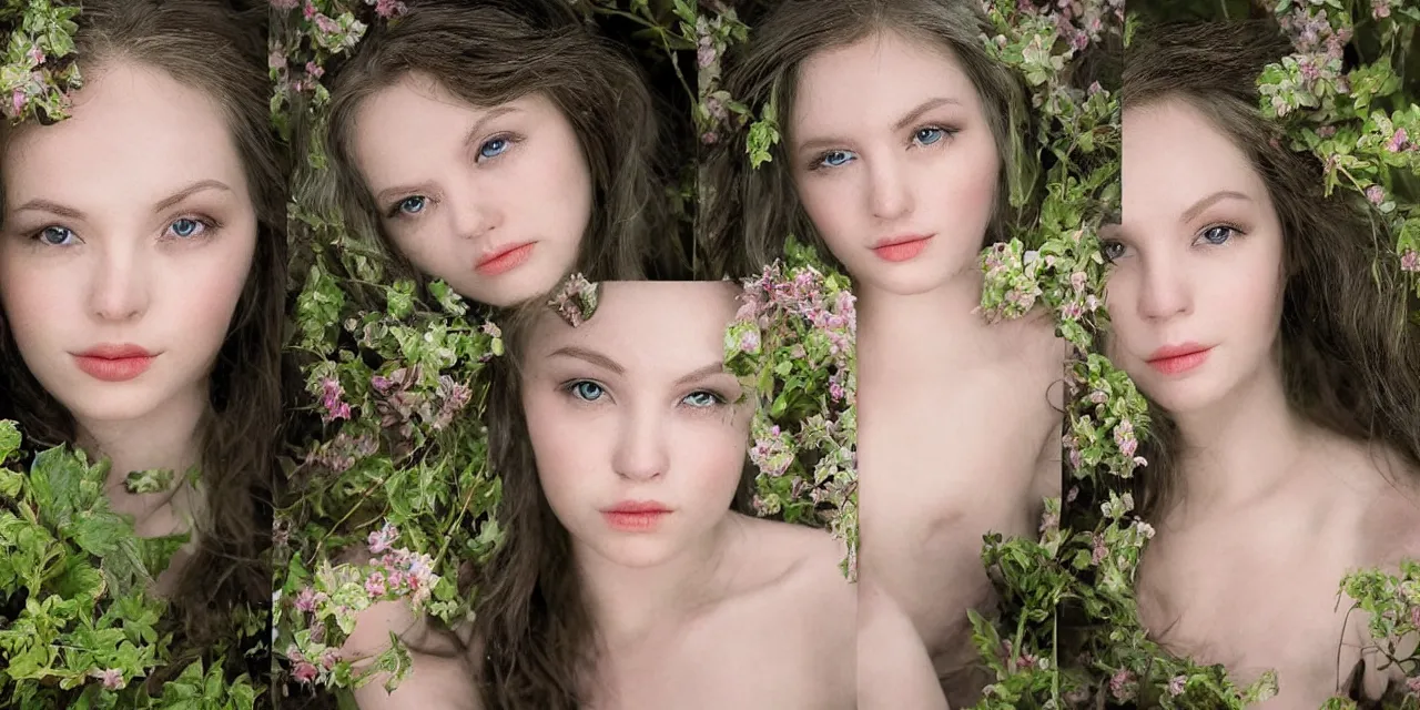 Image similar to portraits of different nymphs, realistic photo real, nature inspired, botanical, sultry