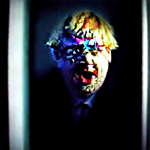 Image similar to dark photo of dark blue rainy bedroom window at night, dimly lit creepy | screaming face of boris johnson staring in through the window, bloody hands, horror, scary face, demonic face,