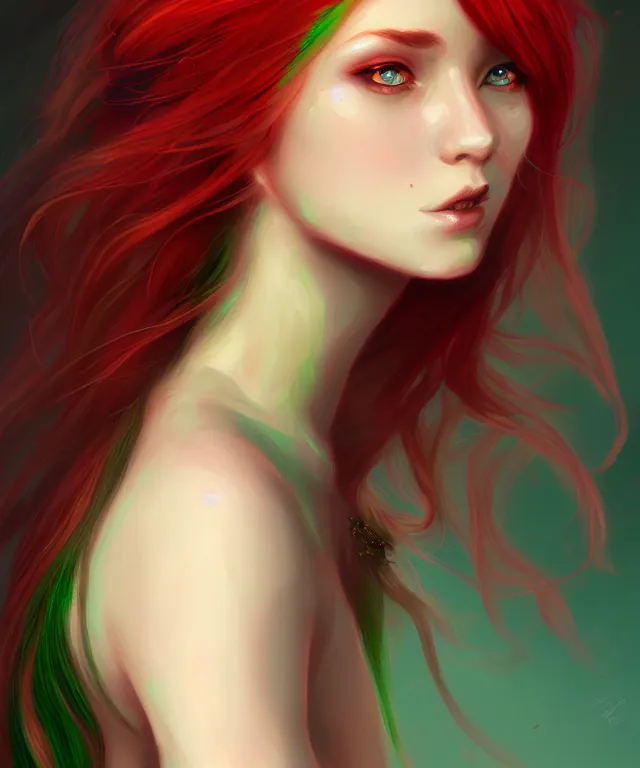 Image similar to Fae teenage girl, portrait, face, long red hair, green highlights, fantasy, intricate, elegant, highly detailed, digital painting, artstation, concept art, smooth, sharp focus, illustration