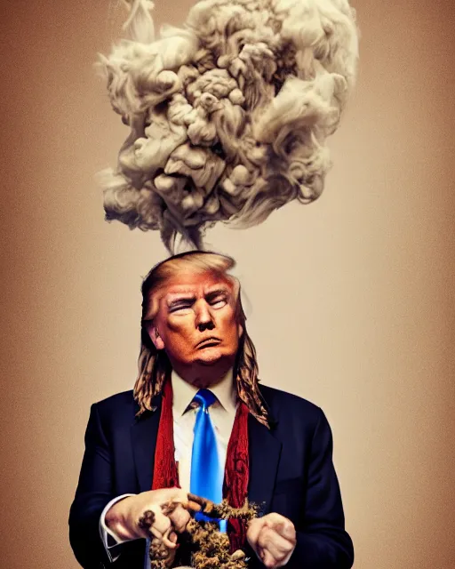 Image similar to donald trump with hippie hair, hippie clothes, smoking cannabis, photorealistic photographed in the style of annie leibovitz, studio lighting