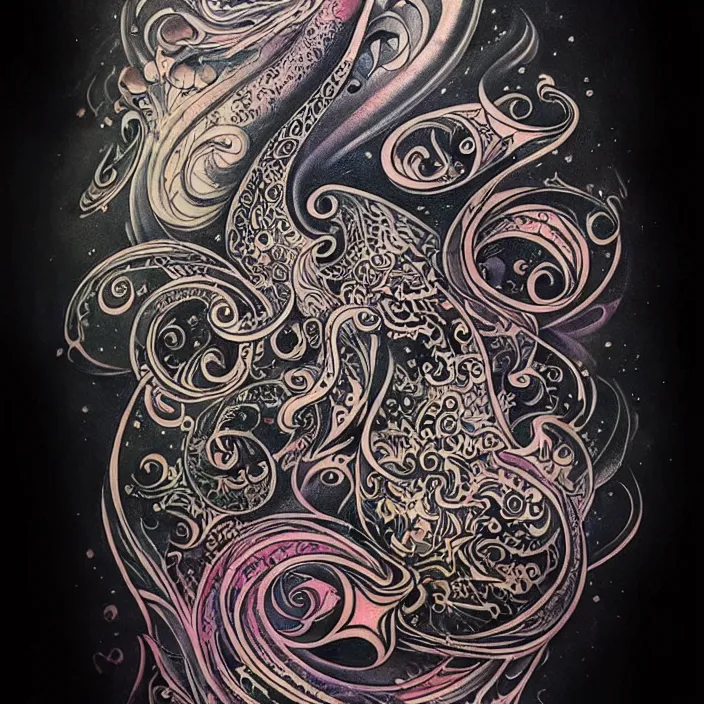 Image similar to extremely psychedelic tattoo design made of cressent moon and black bird, LSD tattoo design, diffuse lighting, fantasy, intricate, elegant, highly detailed, lifelike, photorealistic, digital painting, artstation, illustration, concept art, smooth, sharp focus, art by John Collier and Albert Aublet and Krenz Cushart and Artem Demura and Alphonse Mucha