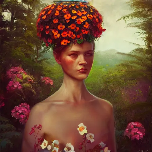 Prompt: The girl with flowers on her head, surreal landscaping in the background, portrait by Esao Andrews, concept art, 4k HD, trending on ArtStation