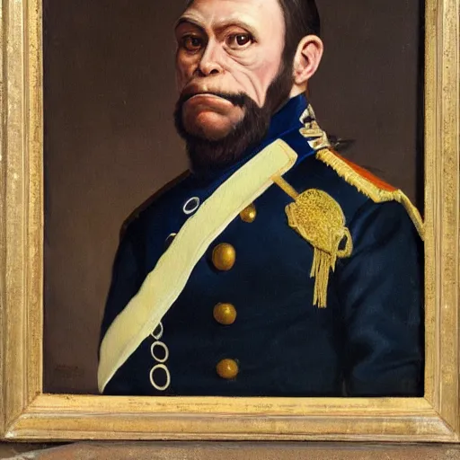 Image similar to An exquisite modern painting of a chimpanzee dressed like a bearded Napoleon with correct military uniform, no frames