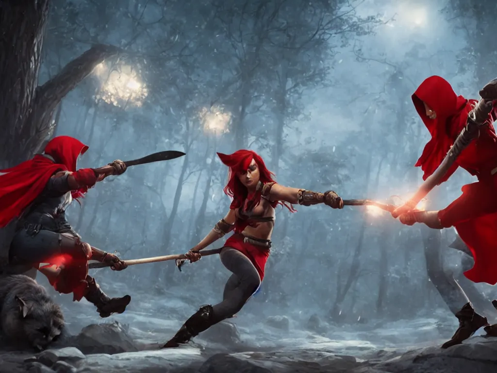 Prompt: a girl in a red hood fights with a two - handed axe with a werewolf, sharp focus, cinematic lighting, unreal engine 5, by jeff koons, hajime soryama, boris vallejo, artgerm, greg rutkowski, alphonse mucha