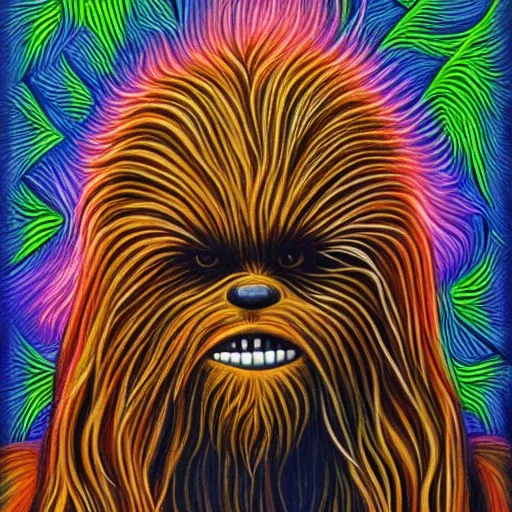 Prompt: A painting of chewbacca thinking designed by alex grey, flooko, etheral, vibrant, forest, detailed, glows,
