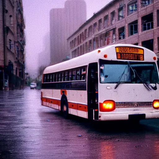 Image similar to 1990s perfect 8K HD professional cinematic photo of a bus in dystopian city, at evening during rain, at instagram, Behance, Adobe Lightroom, with instagram filters, depth of field, taken with polaroid kodak portra