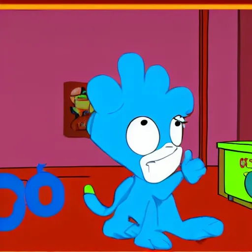 Image similar to screenshot of blue's clues with bloo from foster's home for imaginary friends